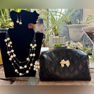 Vince Camuto Quilted Pouch and Vintage Faux Pearl Necklace and Earring Set